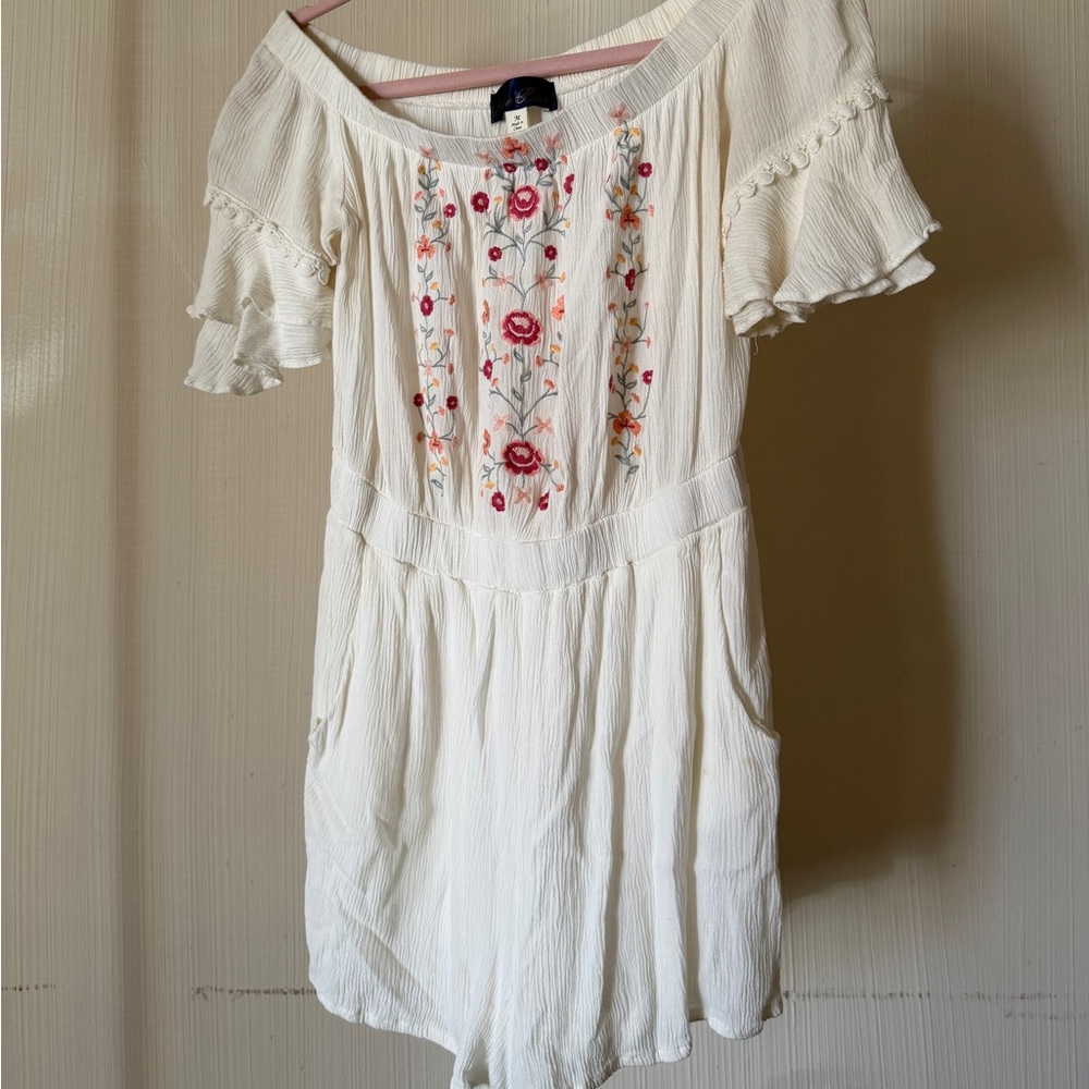 Blue Rain Off-Shoulder Embroidered Romper